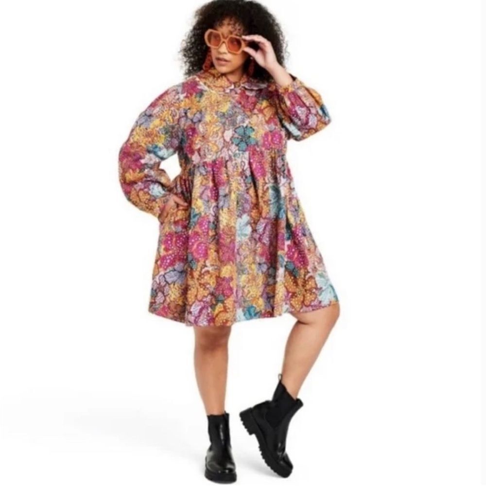 Kika Vargas X Target Multicolored Anemone Collared‎ Babydoll Mini Dress - 1X